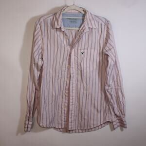American Eagle Outfitters Pink Striped 100% Cotton Preppy Button Up Size S